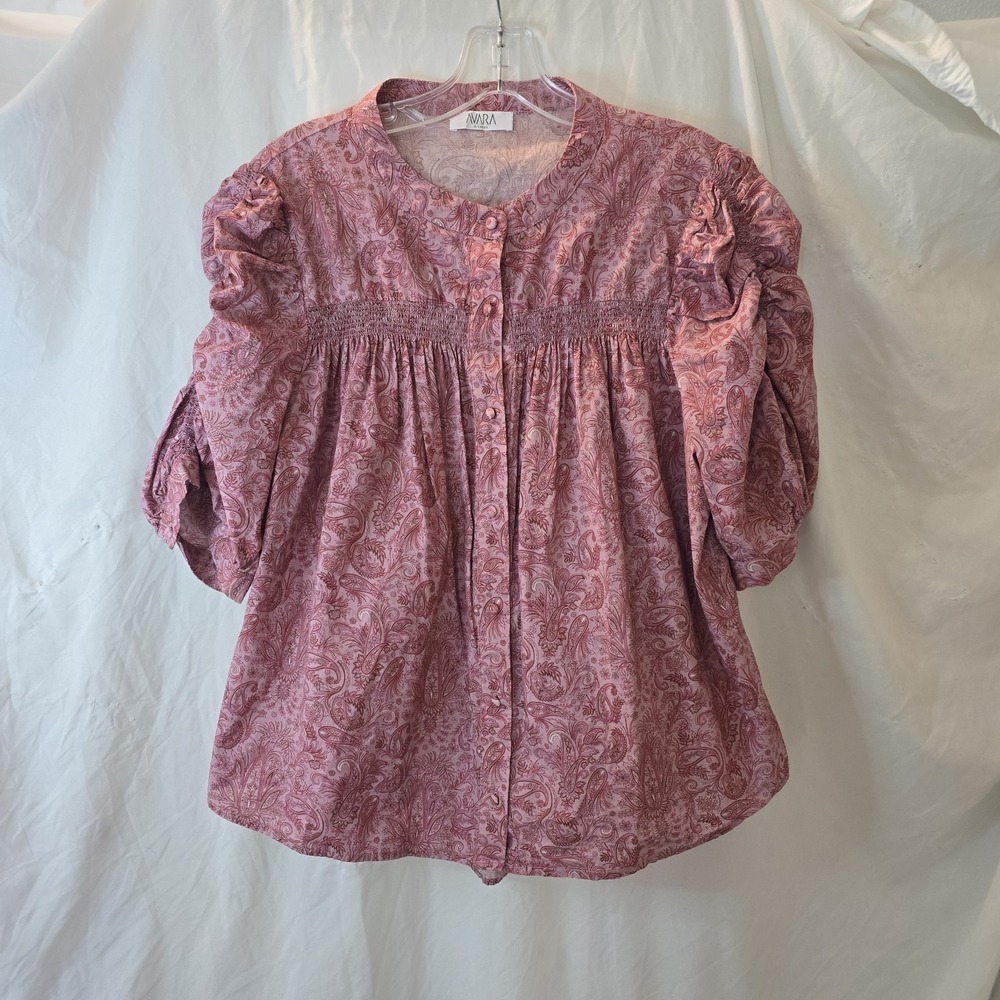 Avara Women's Pink Paisley Puff Sleeve Smocked Button Front Top Sz XL Boho Fairy